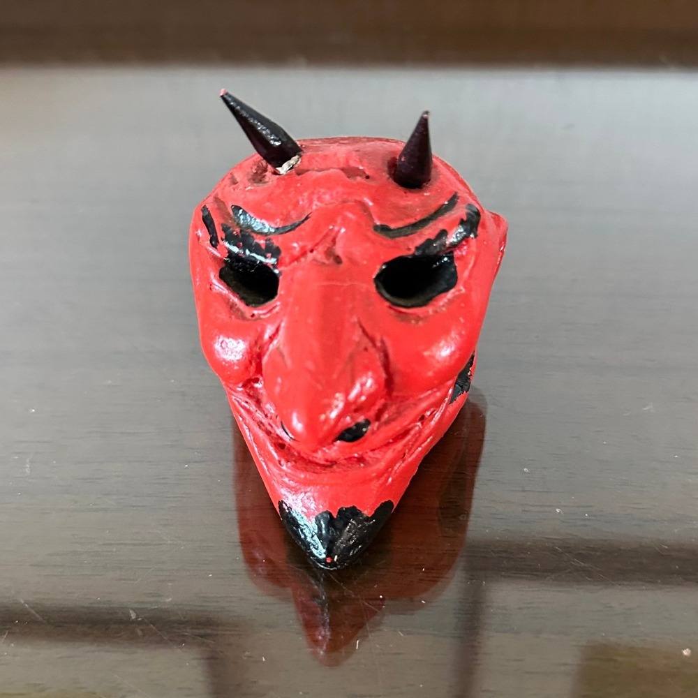 Vintage Red Devil Head‎ Figurine Hand Painted Horned Demon Folk Art Decor Small